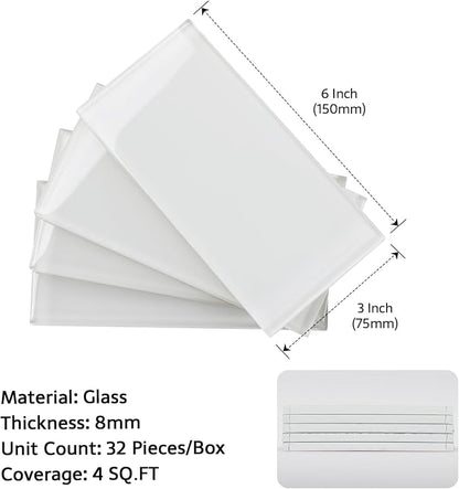 Glass Subway Tile, 3x6 Inch Glass Tile for Kitchen Backsplash Bathroom Shower Wall White (32 Pcs, 4 sq.ft)