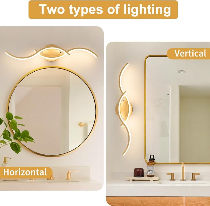 Gold Curved 5CCT Bathroom Vanity Light Fixture Over Mirror, 23.62 inch Modern LED Wall Lamp Dimmable Bathroom Light Fixture Modern Wall Sconces