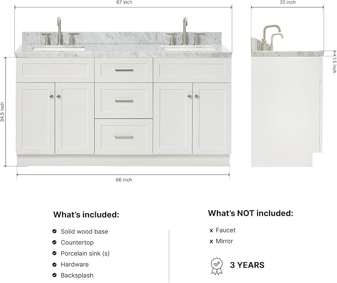 Bradford 66" White Double Bathroom Vanity, 1.5" Edge Italian Carrara Marble Countertop, Rectangular Undermount Sinks, 2 Soft Closing Doors, 3 Dovetail Drawers, Brushed Nickel