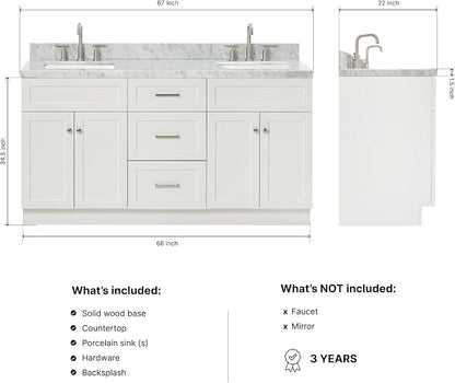 Bradford 66" White Double Bathroom Vanity, 1.5" Edge Italian Carrara Marble Countertop, Rectangular Undermount Sinks, 2 Soft Closing Doors, 3 Dovetail Drawers, Brushed Nickel