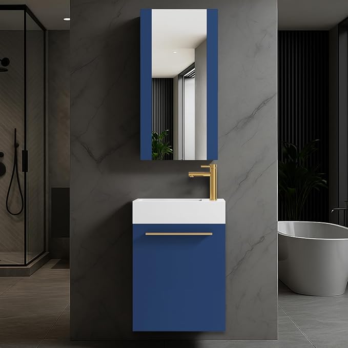 Blossom 18-Inch Floating Bathroom Vanity with Acrylic Sink and Mirror, All-Wood Construction, Space-Saving Wall Mounted Vanity for Compact Bathrooms, Modern Design Bathroom Sink Cabinet, Navy Blue