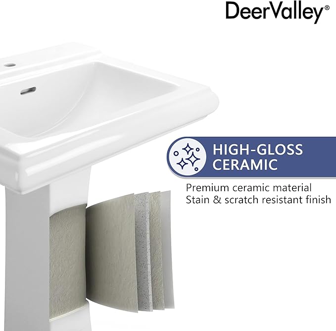 DeerValley Apex 26x20 Inch White Pedestal Sink, Ceramic Pedestal Bathroom Sink with Single Faucet Hole and Overflow, DV-1P52101