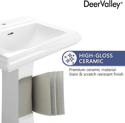 DeerValley Apex 26x20 Inch White Pedestal Sink, Ceramic Pedestal Bathroom Sink with Single Faucet Hole and Overflow, DV-1P52101
