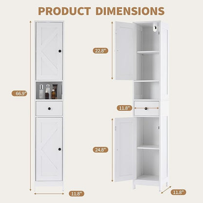 GarveeHome Tall Narrow Bathroom Cabinet, 66.9" Small Skinny Bathroom Storage Cabinet for Small Spaces | Freestanding Water Resistant Organizer for Bathroom, Kitchen, Hallway (1 Drawer, White)