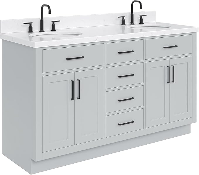 ARIEL Hepburn 60-inch Bathroom Vanity with Sink,Solid Wood, 1.5-inch Carrara White Quartz Countertop & Backsplash, Double Oval Porcelain Sink, 4 Soft Closing Doors, 6 Dovetail Drawers, Grey