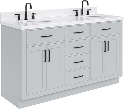 ARIEL Hepburn 60-inch Bathroom Vanity with Sink,Solid Wood, 1.5-inch Carrara White Quartz Countertop & Backsplash, Double Oval Porcelain Sink, 4 Soft Closing Doors, 6 Dovetail Drawers, Grey