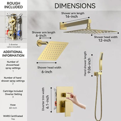 Shower System Shower Faucet Set, STARBATH 12"+6" Wall Mount Rain Shower Head and Handheld Spray for Two Person, Rainfall Shower System with Diverter Valve and Trim Kit Complete,Brushed Gold