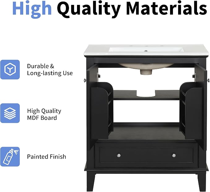 30" Bathroom Vanity Cabinet with Undermount Sink, Storage Rack Shelf, Multi-Functional Drawer Divider, Soft Closing Doors, Black