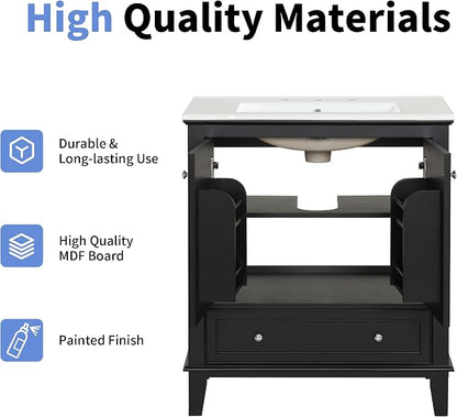 30" Bathroom Vanity Cabinet with Undermount Sink, Storage Rack Shelf, Multi-Functional Drawer Divider, Soft Closing Doors, Black