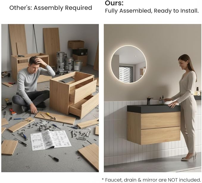 30" Floating Bathroom Vanity with Black Sink, Modern Bathroom Cabinet with Top and Soft Close Drawers, Spacious Storage for Small Space, Natural Oak - Lavanda Collection