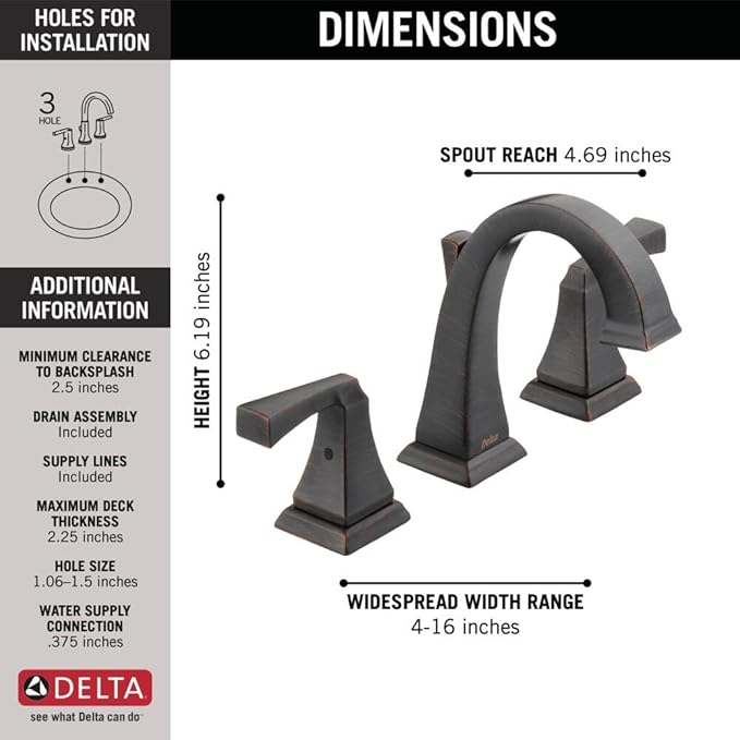 Delta Dryden Oil Rubbed Bronze Bathroom Faucet 3 Hole, 8 Inch Widespread Bathroom Sink Faucet for Vanity, Metal Push-Pop Drain Assembly, Venetian Bronze 3551-RBMPU-DST