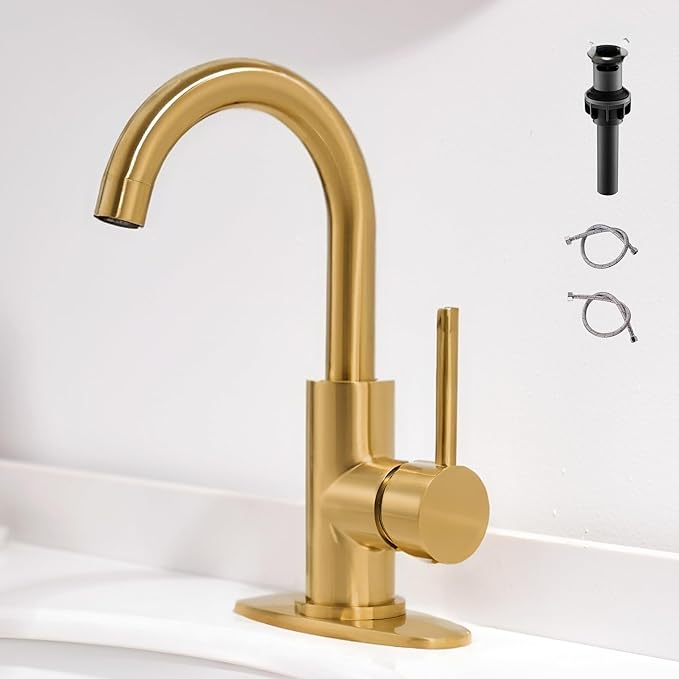 Gold Bathroom Faucets - Single Hole Waterfall Vanity Sink Faucet with Drain Assembly, Brushed Gold Waterfall Bathroom Faucets 360° Swivel Spout Vanity Faucet Single Handle Lavatory Faucets
