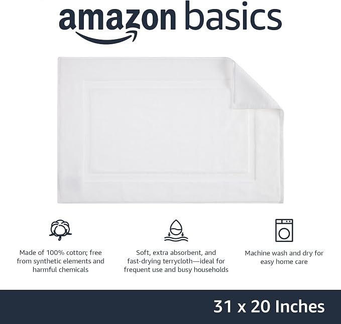 Amazon Basics Non-Slip Cotton Bath Mat, 100% Cotton Absorbent, Machine Washable, 31" L x 20" W, Bright White (Pack of 2)