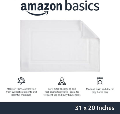 Amazon Basics Non-Slip Cotton Bath Mat, 100% Cotton Absorbent, Machine Washable, 31" L x 20" W, Bright White (Pack of 2)