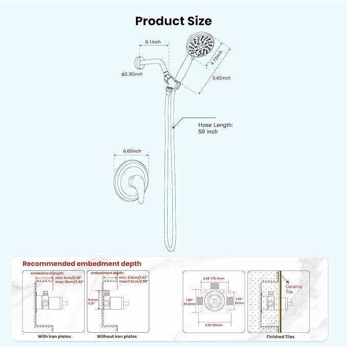 gotonovo Shower Faucet Set with Valve Kit 6 Mode Handheld Matte Black | Bathroom Shower Head and Handle Set,6 Modes ABS Handheld Spray,Pressure Balance Valve and Trim Kit Complete,Single-Handle