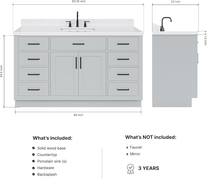 ARIEL Hepburn 60-inch Bathroom Vanity with Sink,Solid Wood, 1.5-inch Carrara White Quartz Countertop & Backsplash, Single Rectangular Porcelain Sink, 2 Soft Closing Doors, 9 Dovetail Drawers, Grey