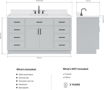 ARIEL Hepburn 60-inch Bathroom Vanity with Sink,Solid Wood, 1.5-inch Carrara White Quartz Countertop & Backsplash, Single Rectangular Porcelain Sink, 2 Soft Closing Doors, 9 Dovetail Drawers, Grey