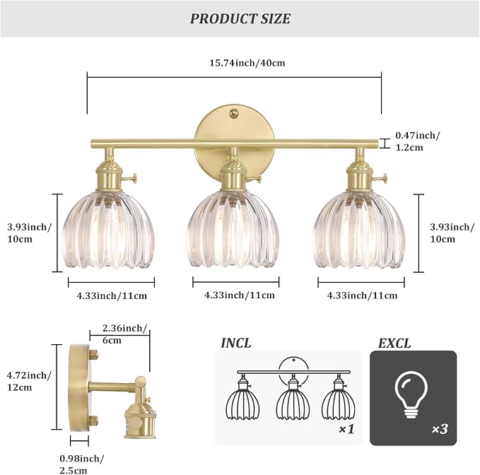 Shenmoyl Bathroom Light Fixtures, 3-Light Brass Vanity wall Light Over Mirror with Clear Tulip Glass Shade for Bedroom Living Room (Bulb Not Included)