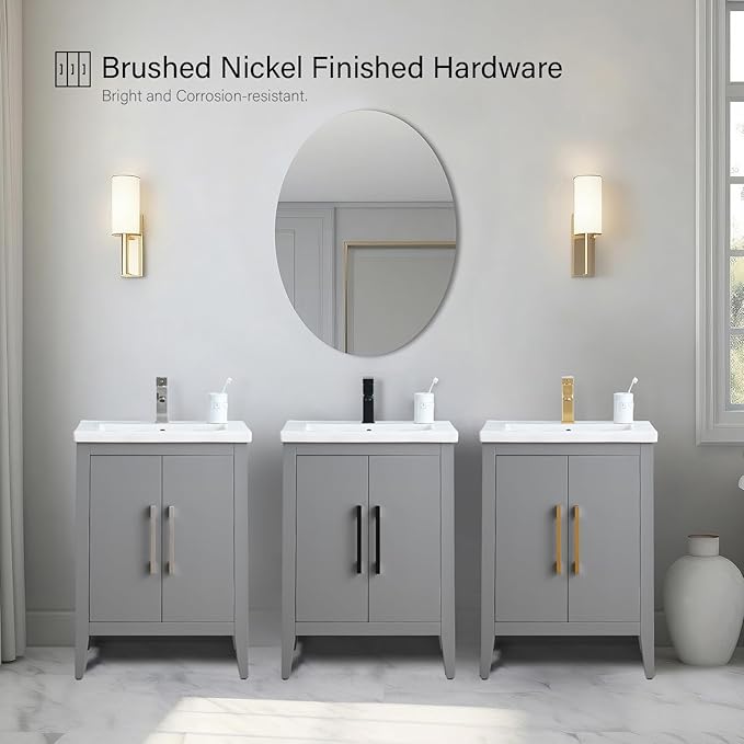Vanity Art 24 inch Bathroom Vanity with Single Sink & Ceramic Top, Vanity Cabinet with Soft-Closing Doors, Solid Wood Frame, Cashmere Gray, VA9024-G-MB1