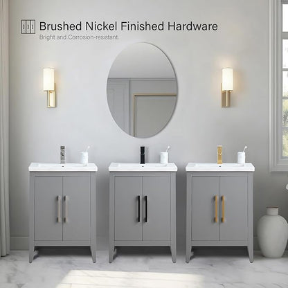 Vanity Art 24 inch Bathroom Vanity with Single Sink & Ceramic Top, Vanity Cabinet with Soft-Closing Doors, Solid Wood Frame, Cashmere Gray,VA9024-G-BN1