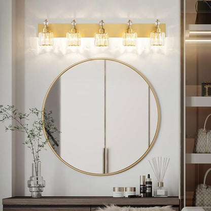 PRESDE 5-Crystal Bathroom Vanity Light Modern Gold Bathroom Lights Fixtures Over Mirror Modern Bath Wall Lighting
