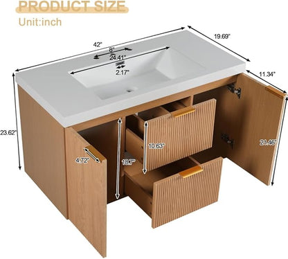 42 Inch Floating Bathroom Vanity with Thick SMC Countertop Single Sink, Wall Mounted Bathroom Vanities Wood Grain Vanity for Bathrooms with 2 Soft-Close Doors 2 Fluted Drawers, Easy Assembly (Wood)