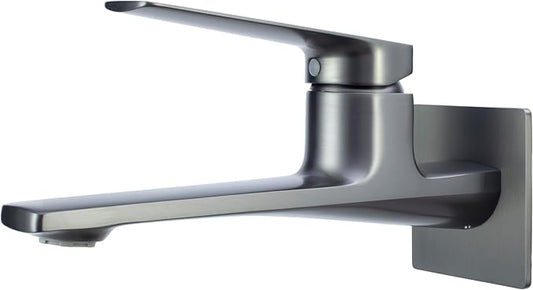 Modern Wall Mount Bathroom Faucet – Brushed Gunmetal Gray,Solid Brass Single Handle with Flip Aerator (2 Flow Modes), Rough-in Valve for Concealed Installation