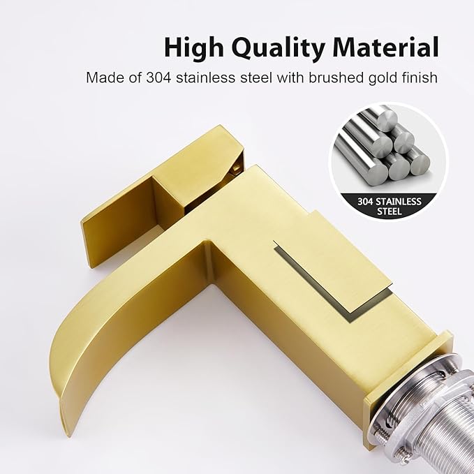 Faustina Brushed Gold Waterfall Bathroom Faucet, Single Handle Wide Spout Stainless Steel Gold Vanity Sink Faucet with Pop Up Drain & Deck Plate for 1 or 3 Hole