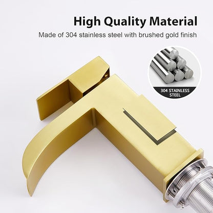 Faustina Brushed Gold Waterfall Bathroom Faucet, Single Handle Wide Spout Stainless Steel Gold Vanity Sink Faucet with Pop Up Drain & Deck Plate for 1 or 3 Hole