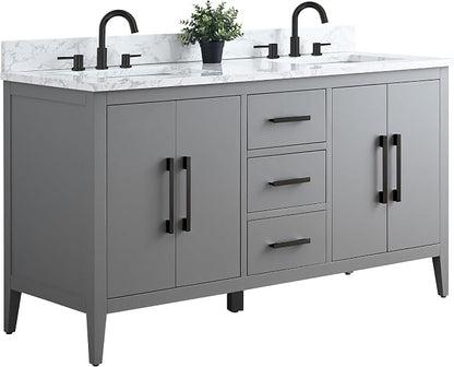 60 Inch Bathroom Vanity with Sink & Ceramic Top, Double Vanity Cabinet with Basin, Soft-Closing Doors & Matte Black Hardware, Grey