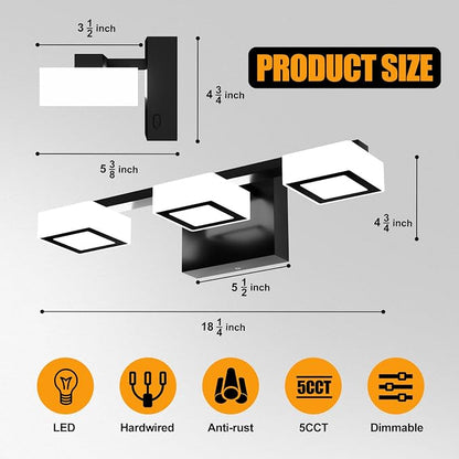 LED Modern Bathroom Light Fixtures, 3-Light Dimmable Vanity Lights with 5 Color Modes, Matte Black Acrylic Bathroom Wall Lighting Fixtures Over Mirror, 2700K- 6500K Adjustable, 18 Inch, ETL Listed