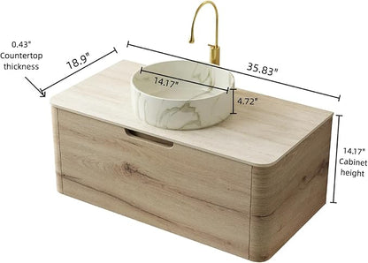 Bathroom Vanity with Sink, 36" Wall-Mounted Bathroom Storage Cabinet with Round Ceramic Basin & Soft-Close Undermount Drawer, Modern Pre-assembled Floating Vanity with Curved Design, White Oak