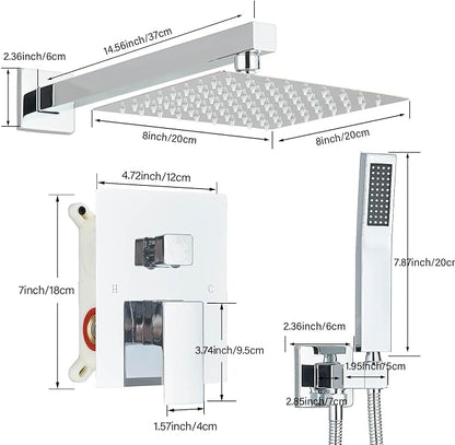 Shower Faucet Polished Chrome Shower System with 8 Inches Rain Shower Head and Handheld Spray Bathroom Luxury Rain Shower Faucet Set Complete Wall Mounted