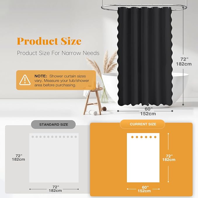 BTTN Small Shower Curtain, 60 Inch Boho Scalloped Linen Textured Thick Fabric Shower Curtain Set with 10 Hooks, Narrow Country Bohemian Farmhouse Waterproof Shower Curtains for Bathroom, 60x72, Black