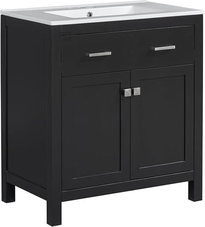 Favfurish 30" Bathroom Vanity with Ceramic Sink,Undermount Single Basin Vanity Set w/1 Flip-Out Drawer and 2 Soft-Close Doors & Adjustable Shelf,Freestanding Storage Cabinet,Solid Wood Frame,Black