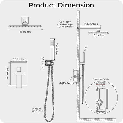Brushed Nickel Shower Faucet Set, 10 inch Rain Shower System w/Pressure Balance Valve, Wall Mounted 2-Functions Bathroom Shower Systems w/Rain Shower and Handheld Spray Shower Trim Included