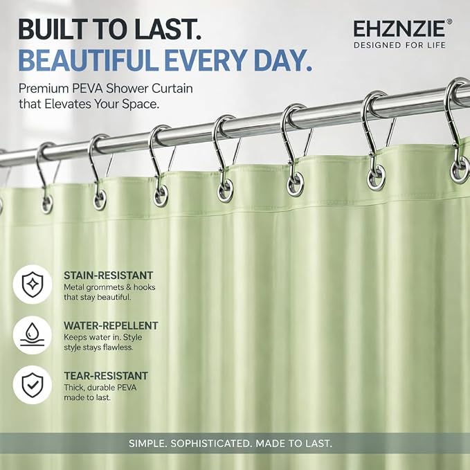 EHZNZIE Sage Shower Curtain Liner 72x72, PEVA Waterproof Bath Curtain, No Chemical Smell, 3 Weighted Magnets, Durable with Rustproof Metal Grommets