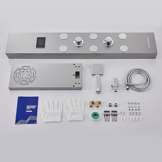 Stainless Steel Shower Panel Tower System with LED lights(No battery need), Hydroelectric LED Rainfall Shower Tower System with 6 Pcs Body Jets, Brushed Nickel