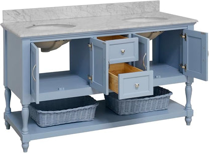 Beverly 60-inch Double Bathroom Vanity (Carrara/Powder Blue): Includes Powder Blue Cabinet with Authentic Italian Carrara Marble Countertop and White Ceramic Sinks