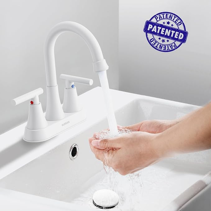 White faucet with water flowing into a sink, with a 'Patented' label in the corner.