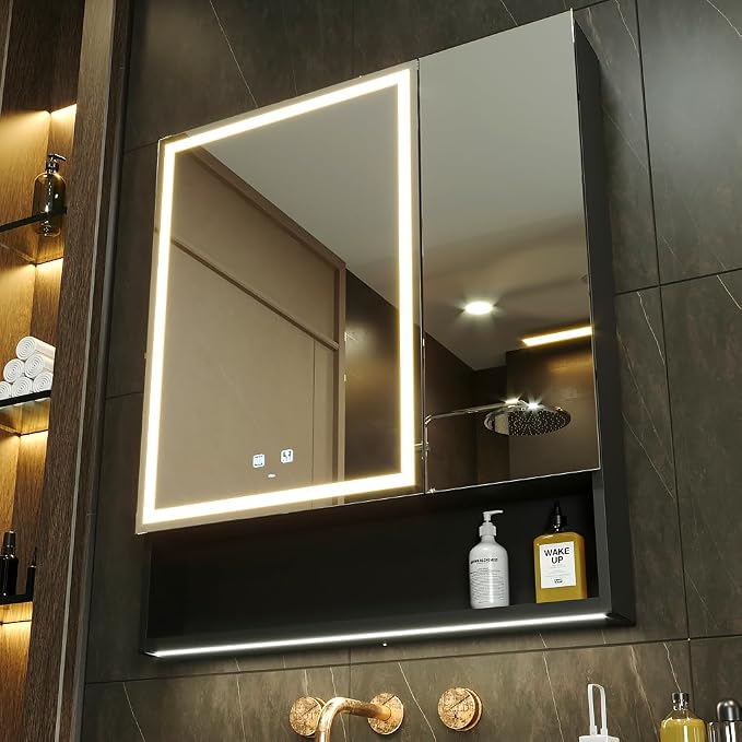 30x34 Inch Two Doors Aluminum LED Bathroom Medicine Cabinet with Mirror | Light Adjustment, Anti-Fog, Sockets&USBs, High Capacity, Easy to Install
