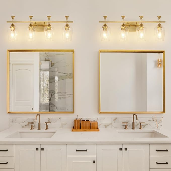Bathroom Light Fixtures (4-Light, 29 Inch), Brushed Gold Vanity Lights for Bathroom with Clear Wine Glass Glass Shade, Modern Vanity Wall Lights for Mirror Bedroom Living Room Kitchen Hallway Porch