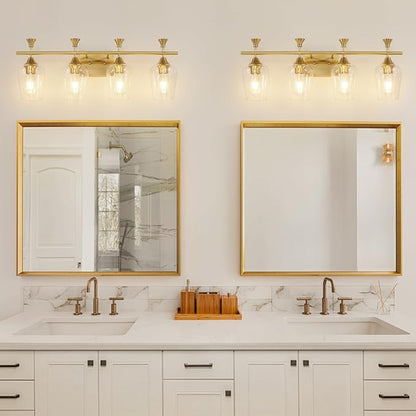 Bathroom Light Fixtures (4-Light, 29 Inch), Brushed Gold Vanity Lights for Bathroom with Clear Wine Glass Glass Shade, Modern Vanity Wall Lights for Mirror Bedroom Living Room Kitchen Hallway Porch
