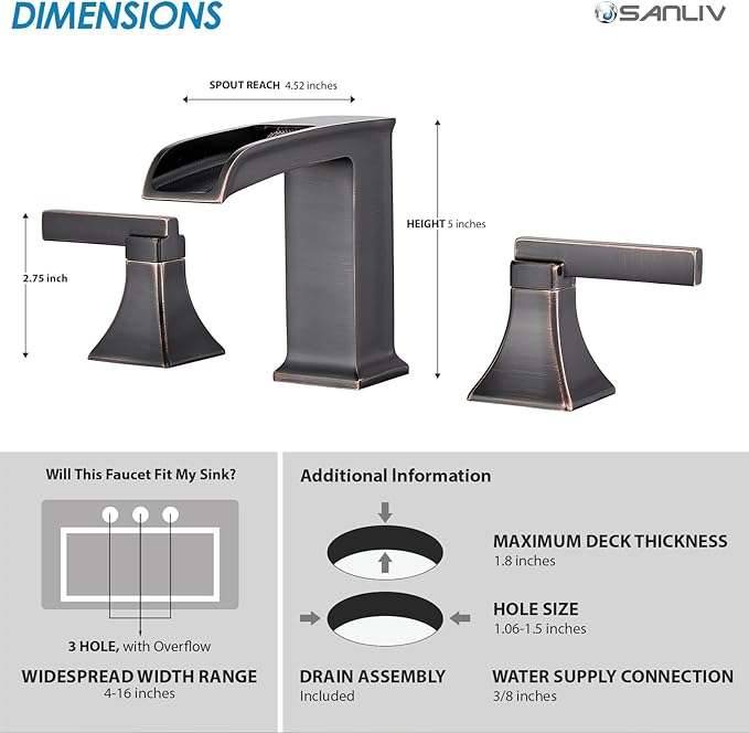 Oil Rubbed Bronze Bathroom Faucet, Sanliv 3-Piece Widespread Bathroom Faucets for 3-Hole Sinks 4-8 Inch, Bronze Waterfall Vanity Faucet with Pop-Up Drain (ORB)