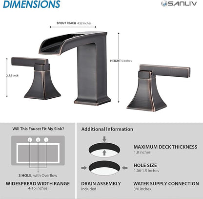 Oil Rubbed Bronze Bathroom Faucet, Sanliv 3-Piece Widespread Bathroom Faucets for 3-Hole Sinks 4-8 Inch, Bronze Waterfall Vanity Faucet with Pop-Up Drain (ORB)