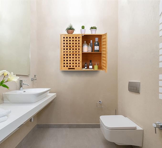 ZYBT Bathroom Wall Cabinet Wall Mounted Organizer, Medicine Cabinet, Over The Toilet Storage, Bamboo Medicine Cabinets with Doors and Shelves, Wall Storage for Bathroom Kitchen Living Room