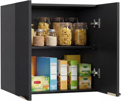 ChooChoo Bathroom Wall Cabinet, Laundry Room Cabinet with 2 Fluted Doors | Kitchen Storage Cupboard Cabinet with Adjustable Shelf, Fluted Wall-Mounted Medicine Cabinet for Kitchen, Garage, Black