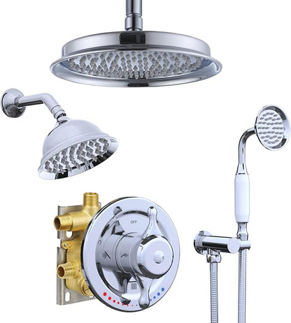 Antique Brass Shower System, 9" & 6" Dual Rain Heads and Handheld Spray Vintage Fixtures, 3-Function Dual Knob Valve with Separate Temperature Control, Chrome