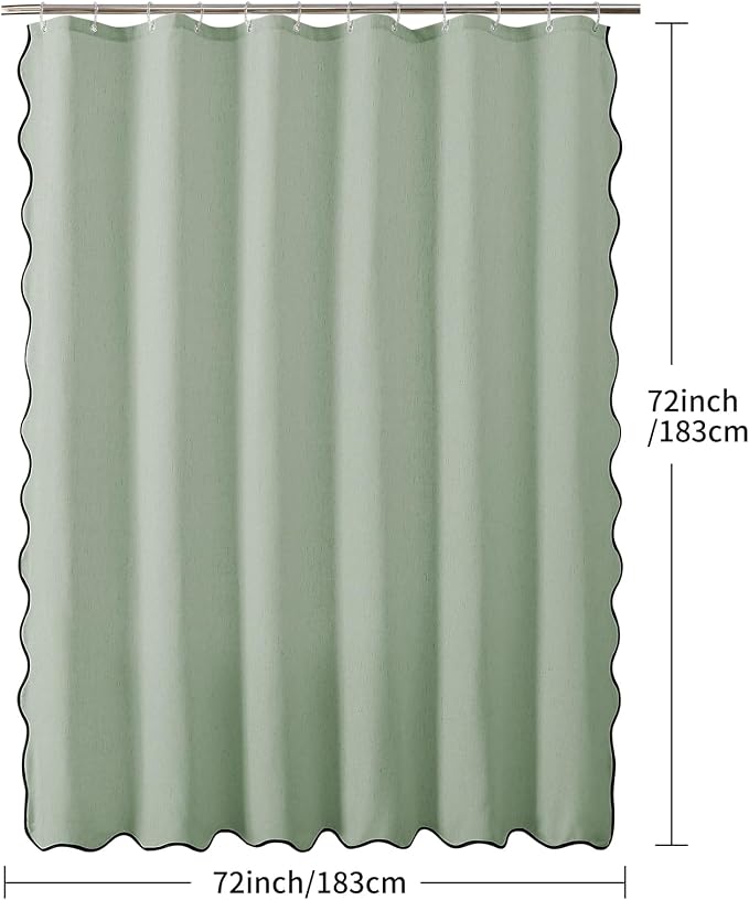 Linen Scallop Shower Curtain with 12 Hooks, Waterproof, 72x72, Sage Green | Waterproof Heavy Duty Thick Fabric with Black Border, Neutral Boho Farmhouse Bathtub Shower Curtain