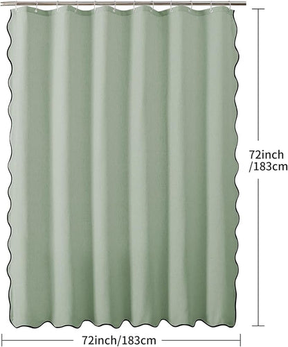 Linen Scallop Shower Curtain with 12 Hooks, Waterproof, 72x72, Sage Green | Waterproof Heavy Duty Thick Fabric with Black Border, Neutral Boho Farmhouse Bathtub Shower Curtain